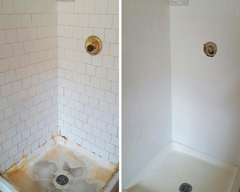 Composite Shower Before and After Our Hard Surface Restoration Services in Castle Pines, CO