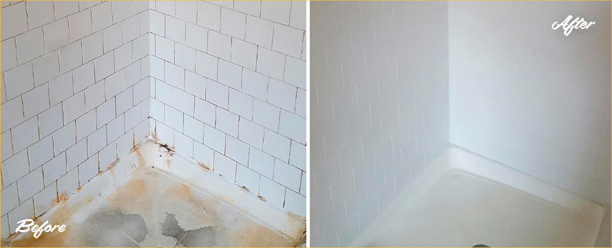 Composite Shower Before and After Our Hard Surface Restoration Services in Castle Pines, CO