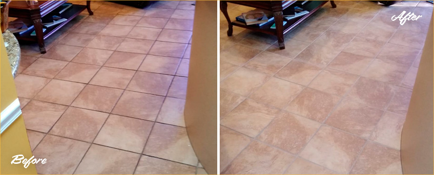 Reception Floor Before and After a Grout Cleaning in Castle Rock