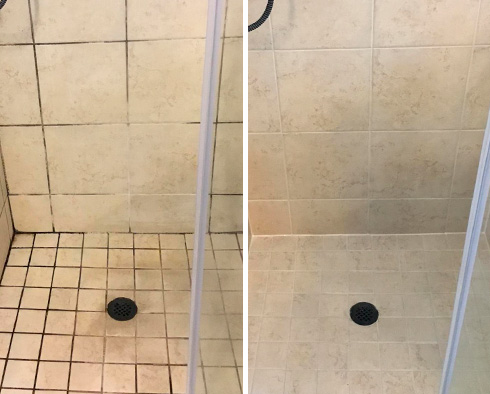 Shower Before and After a Service from Our Tile and Grout Cleaners in Peyton