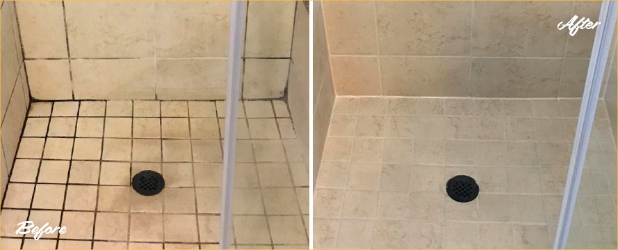 Shower Before and After a Service from Our Tile and Grout Cleaners in Peyton