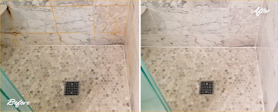 Shower Before and After Our Grout Sealing in Gleneagle, CO