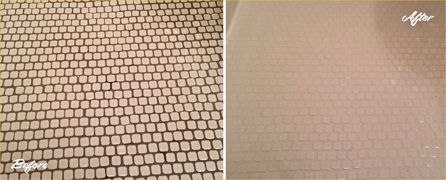 Bathroom Floor Before and After a Grout Sealing in Falcon, CO