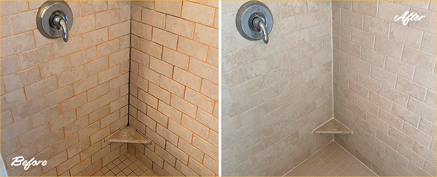 Tile Shower Before and After a Grout Cleaning in Castle Rock