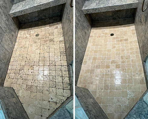 Shower Floor and Walls Before and After a Stone Cleaning in Colorado Springs