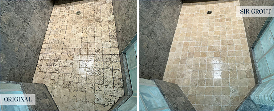 Shower Floor and Walls Before and After a Stone Cleaning in Colorado Springs