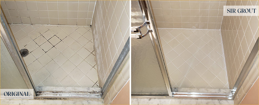 Shower Floor Before and After Our Castle Pines Grout Sealing Service