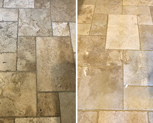 Travertine Floor Before and After Our Fountain Stone Cleaning Service
