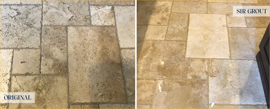 Travertine Floor Before and After Our Fountain Stone Cleaning Service