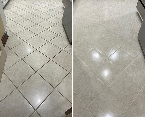 Kitchen Floor Before and After a Grout Cleaning in Woodmoor