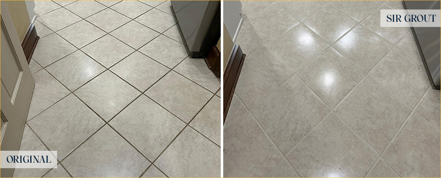 Kitchen Floor Before and After a Grout Cleaning in Woodmoor
