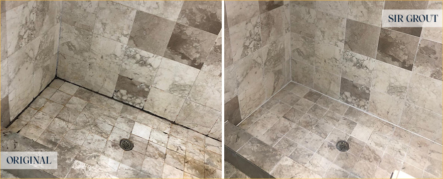 Shower Before and After an Excellent Grout Cleaning in Castle Pines, CO