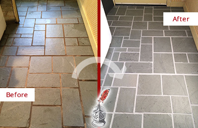 Before and After Picture of a Slate Tile Floor Regrouted to Replace Missing Grout