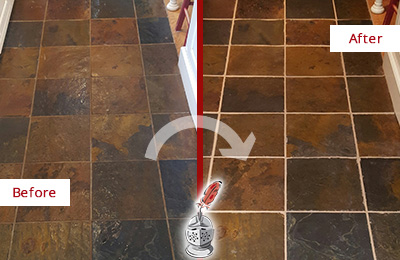 Before and After Picture of a Tile Floor Regrouted to Remove Stains from Grout Lines