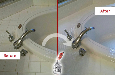 Picture of a Light Colored Bathtub Before and After a Tub Recaulking on the Joints