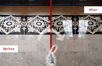Sir Grout Restores this Dull Marble Floor to Recover Its Shine Before and After Picture of a Marble Floor Restored to Recover Its Shine