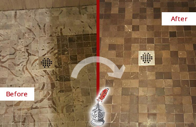 Sir Grout Restores These Dirty Tumbled Marble Floor Before and After Picture of a Heavily Etched Shower Marble Floor Restored