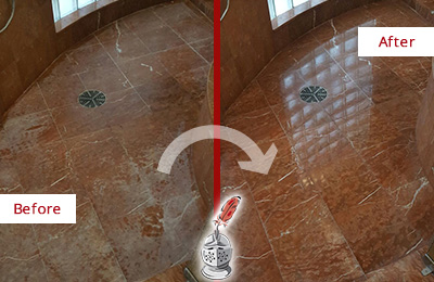 Sir Grout Restores this Dull Marble Shower to Eliminate Mineral Deposits Before and After Picture of a Marble Shower Restored to Eliminate Mineral Deposits