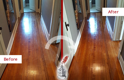 Sir Grout Restores this Dull Wood Hallway with a Deep Cleaning Service Before and After Picture of a Deep Cleaning Service on Wood Hallway