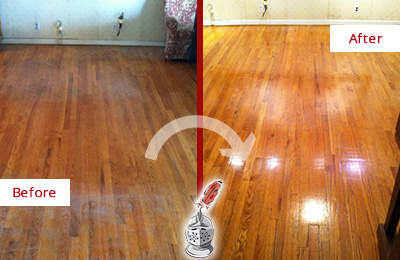 Sir Grout's Deep Cleaning Service Restored this Wood Floor Before and After Picture of a Deep Cleaning Service on a Wood Floor