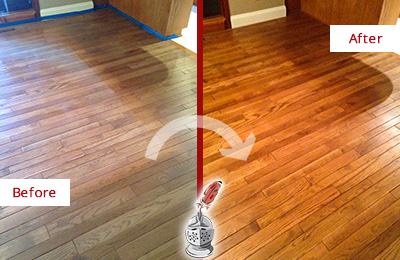 Sir Grout Restores this Floor with a No Sanding Wood Armor Refinishing Service Before and After Picture of a Wood Floor Restoration Service